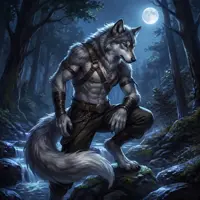 A dark-furred anthropomorphic wolf with a muscular build, wearing leather straps and trousers under a full moon.