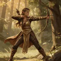 An elven scout stands in the deep shadows of a dense forest, her bow fully drawn and ready to release. The dramatic lighting plays across her face and the curve of her bow, creating a moody, high-contrast fantasy aesthetic that captures the danger and mystery of the woods.