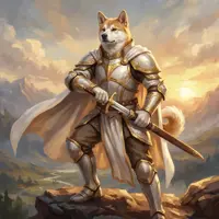 An anthropomorphic Shiba Inu in gleaming silver plate armor with a white cape, standing on a sunlit cliff.