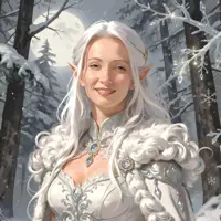 A radiant elf woman with shimmering silver-white hair and a warm, friendly smile. She wears a highly detailed white gown with intricate lace and blue gemstone jewelry. The setting is a bright, moonlit winter forest, giving her a regal yet approachable presence.