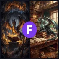 A two-panel vertical image. The left panel features a dragon standing inside a dark cave, illuminated by a glowing open book. The right panel shows a green dragon perched on the edge of a wooden desk in a classic study, looking toward a window.