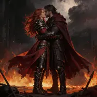 Two warriors in spiked, black gothic armor share a passionate kiss on a battlefield. Smoke and orange embers rise from the ground, contrasting with their dark capes and the heavy, dramatic atmosphere of the smoldering landscape.