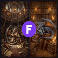 A two-panel vertical image. The left side shows a gold dragon sitting in the center of a circular, multi-level grand library. The right side shows a pale blue dragon sleeping soundly on a precarious stack of leather-bound books.