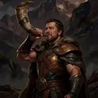 A stern, armored warrior stands against a backdrop of jagged, snow-dusted mountains, blowing into a large, curved war horn. He is draped in heavy furs and bronze-accented plate armor. The lighting is dramatic and cool-toned, creating an epic, cinematic fantasy feel of a hero summoning his allies to battle.