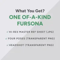 Custom fursona commission package details showing what's included — hi-res reference sheet JPG, four poses as transparent PNGs, and headshot PNG. Fantasmatics one-of-a-kind furry adopt design.