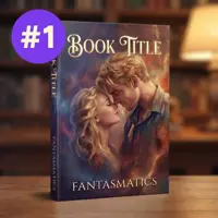 3D book cover mockup with the placeholder text "Book Title." The illustration features a blonde man and woman in an emotional, close embrace, surrounded by dramatic, misty shades of blue, orange, and red.