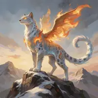 A majestic winged snow leopard with pale, spotted fur and glowing eyes stands on a snowy mountain peak. Its large wings are made of swirling orange flames, contrasting with the cold alpine landscape. Golden alchemical symbols are etched into its coat, and its long, thick tail curls elegantly behind it. The scene is bathed in a warm sunset glow, rendered in a painterly high-fantasy style.