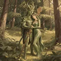 A tall, tree-like entity with green bark-skin and leafy hair holds a slender elven woman close in a lush, ancient woodland. Their connection is underscored by the soft, earthy tones of the forest, rendered with a rich, organic texture.