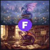 A two-panel vertical image. The top half shows a purple dragon sitting atop a tall stack of books under a starry, magical sky with a castle in the distance. The bottom half shows a similar purple dragon inside a cozy, sunlit library filled with globes and manuscripts.