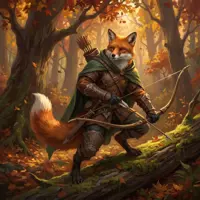 An anthropomorphic fox dressed in forest-green leather armor, holding a bow while tracking through autumn woods.