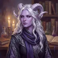 A digital painting of a woman with pale purple skin, silver braided hair, and white curved horns. She is wearing a high-collared purple and black robe, positioned in a study with candles and books.