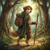 A friendly anthropomorphic brown dog wearing a backpack and holding a walking stick in a lush green forest.