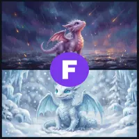 A split-image showing a purple baby dragon sitting on a shore under a meteor shower on top, and a white, icy dragon sitting in a snowy winter landscape on the bottom.
