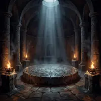 Atmospheric dungeon interior with a circular stone altar, dramatic overhead lighting, and torch-lit gothic pillars.