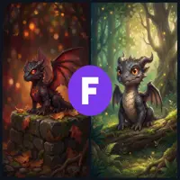 A split-image featuring a black baby dragon with red wings sitting on a stone ledge in an autumn forest on the left, and a dark grey dragon sitting on a mossy branch in a sunlit green forest on the right.