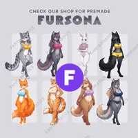 Fantasmatics premade fursona collection preview featuring eight curvy female anthro characters — wolves, foxes, cats, and rabbit in anime kemono style, ready to adopt.