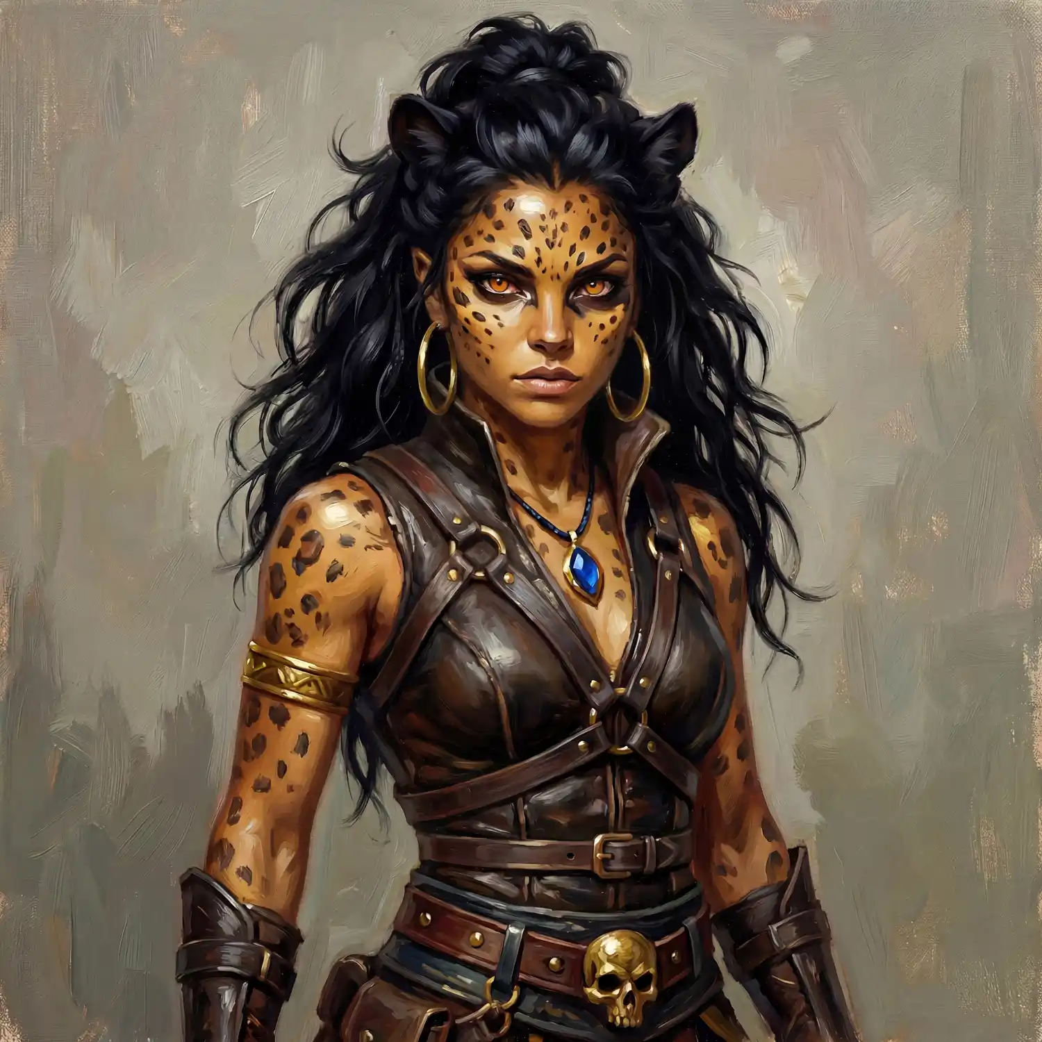 A striking tabaxi or shifter warrior with golden cheetah-patterned skin and wild black hair. She wears rugged leather armor with bone accents and a glowing blue pendant. The painterly digital style captures her sharp, observant gaze against a neutral, atmospheric backdrop.
