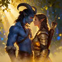 A muscular, blue-skinned tiefling warrior with black horns and glowing tattoos looks tenderly into the eyes of an elven archer in golden armor. They stand in a sun-drenched forest, the light filtering through the trees to create a warm, romantic atmosphere in a detailed, painterly style.