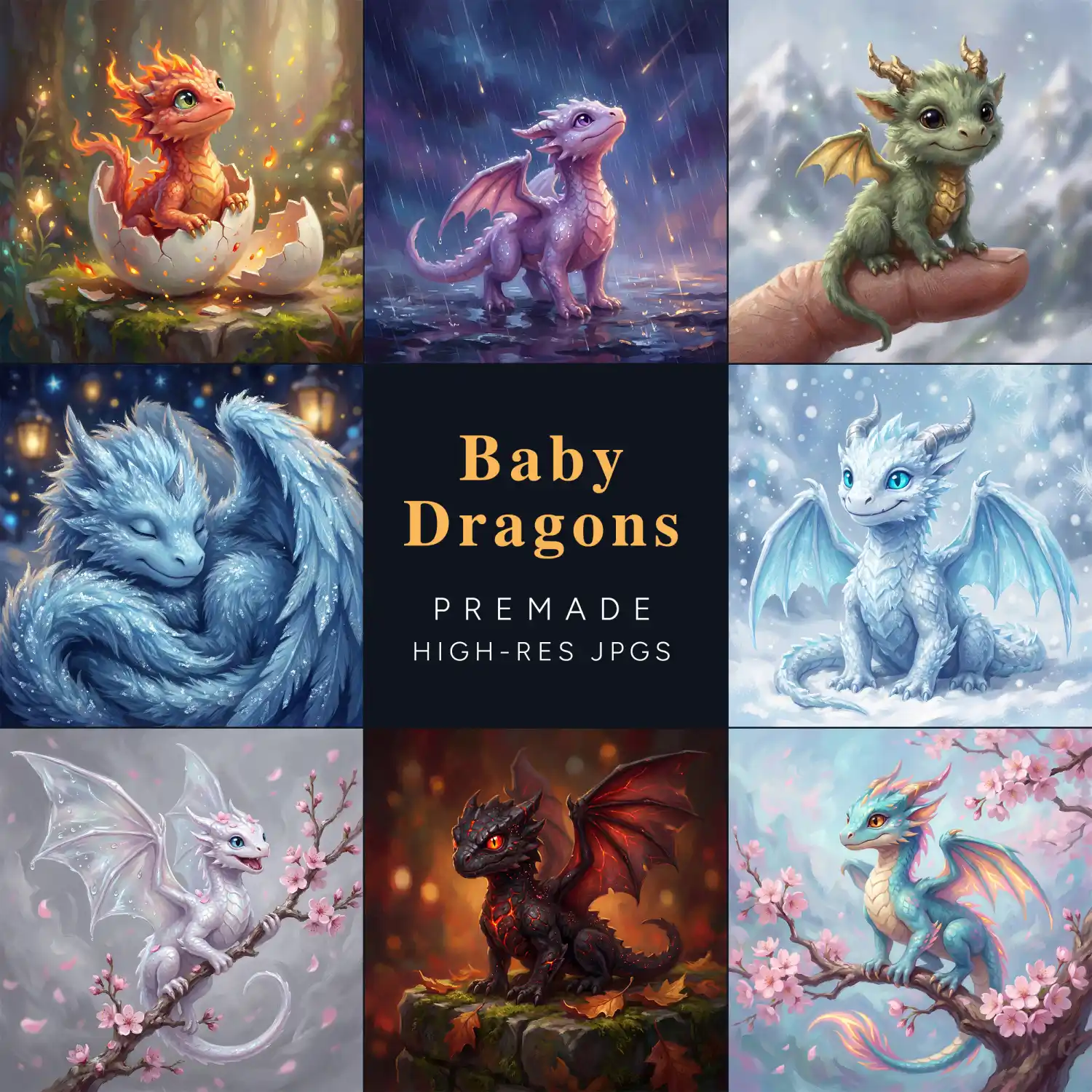 A 3x3 grid featuring various baby dragons in different environments, including fire, ice, and blossoms. The center tile reads "Baby Dragons PRE-MADE HIGH-RES JPGS."