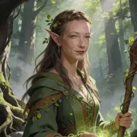 A graceful female elf with long brown hair adorned with a crown of green leaves. She wears elegant forest-green and brown layered robes, standing calmly in a sunlit ancient woodland. Her appearance is that of a wise healer or a protector of the sacred groves.