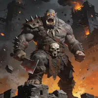 A towering half-orc or ogre warrior with a single tusk stands atop a pile of rubble. He wears rusted, spiked armor and carries a blood-stained cleaver. The burning ruins and orange smoke behind him create a gritty, war-torn backdrop.