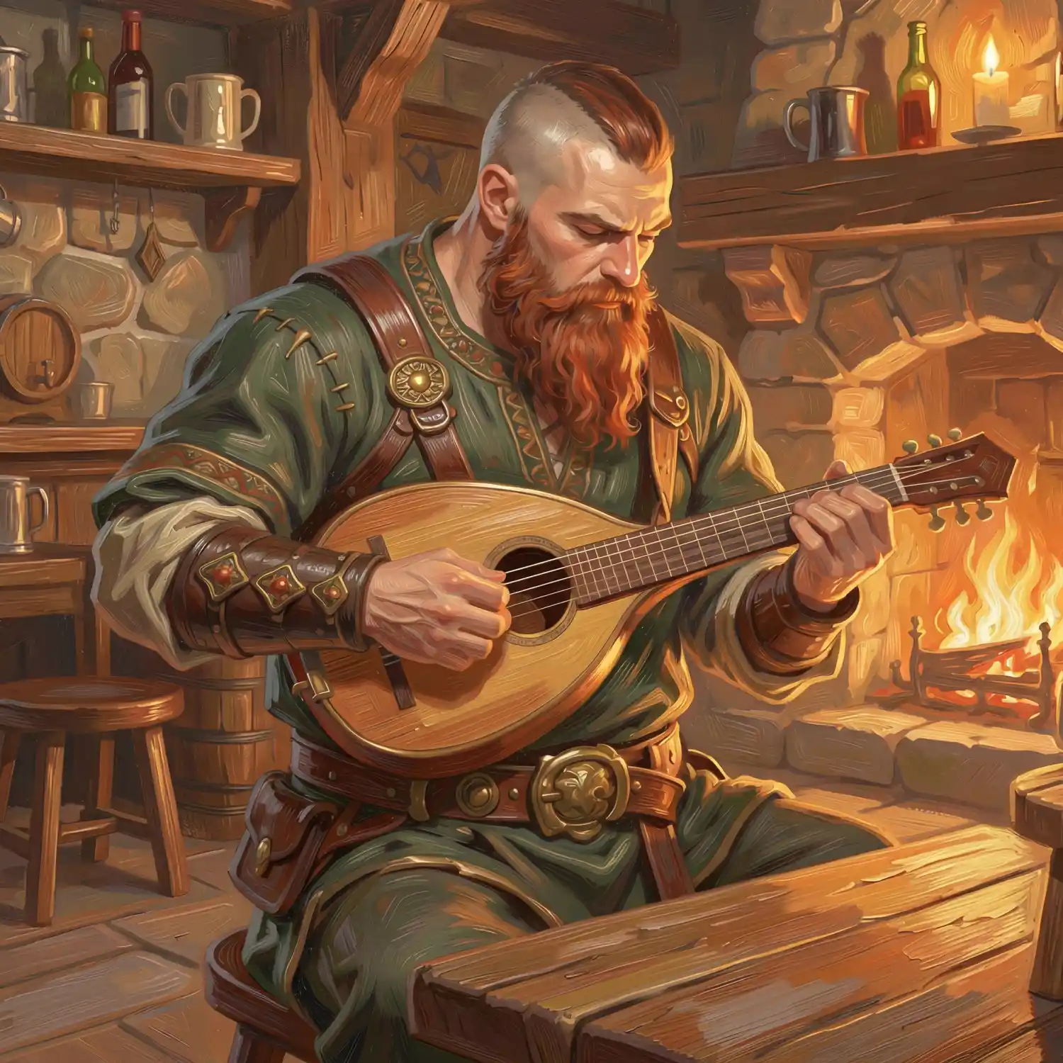 A burly, red-bearded dwarf musician sits in a cozy, firelit tavern, skillfully playing a wooden lute. He wears traditional green and brown traveler's tunics. The background features the warm glow of a stone fireplace, rendered in a rich, painterly fantasy style that evokes a sense of comfort and storytelling.