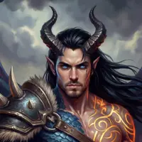 A powerful male tiefling or demonic warrior with large, swept-back black horns and glowing icy-blue eyes. He features intricate golden tattoos on his shoulder and chest, wearing spiked dark steel pauldron armor under a cloudy, overcast sky that adds a dramatic atmosphere.