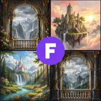 A split view showing an ornate stone balcony overlooking misty mountains and a spectacular floating island with a castle built into the rock, surrounded by waterfalls and clouds.