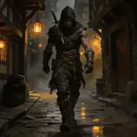 A hooded rogue or assassin clad in dark, layered leather armor stalks through a rain-slicked medieval alleyway. A warm lantern glow catches the textures of the cobblestones and his weathered gear, creating a moody, cinematic atmosphere of suspense.