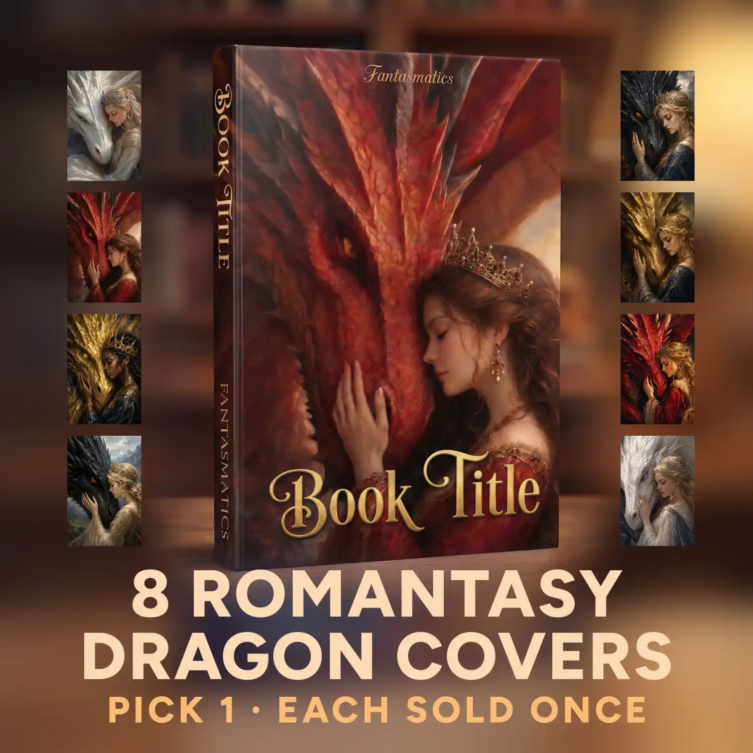 Promotional collage with the text "8 ROMANTASY DRAGON COVERS". The center shows a 3D book mockup featuring a woman next to a massive red dragon, surrounded by smaller preview thumbnails of other available fantasy book designs.