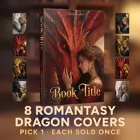 Promotional collage with the text "8 ROMANTASY DRAGON COVERS". The center shows a 3D book mockup featuring a woman next to a massive red dragon, surrounded by smaller preview thumbnails of other available fantasy book designs.