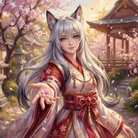 A beautiful kitsune maiden with long silver hair and fox ears reaches out toward the viewer in a blossoming cherry orchard. She wears a traditional red and white kimono with gold accents, set against a backdrop of a classic Japanese shrine and falling pink petals. The artwork is rendered in a vibrant, painterly anime style with warm, inviting sunlight.