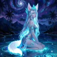 A luminous kitsune-inspired spirit with flowing white hair and pointed fox ears kneels in a glowing, starlit pool. She is adorned with intricate silver jewelry and teal gemstones that radiate a soft, magical light. The background features a dark, tropical coastline under a swirling cosmic nebula, rendered in a vibrant, painterly fantasy style that emphasizes the ethereal glow of the water and sky.