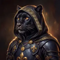 A feline Tabaxi character with sleek black fur and piercing yellow eyes, wearing ornate black and gold plate armor. A dark hood frames his face, creating a mysterious aesthetic. The craftsmanship of the armor suggests a high-ranking assassin or noble shadow guardian.