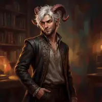 A portrait of a man with messy silver hair and large brown ram-like horns. He wears a dark, embroidered jacket over an open-collared shirt, standing in a dimly lit room that looks like a library.