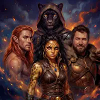 A dynamic group of fantasy adventurers stands together against a backdrop of swirling smoke and intense orange flames. In the center is a fierce female leopard-kin with golden spotted skin and large hoop earrings. Behind her looms a mysterious hooded panther rogue with glowing eyes. They are flanked by a stoic red-haired elf with a facial scar and a rugged, bearded human warrior in fur-lined bronze plate armor. The composition captures a high-stakes, heroic RPG party atmosphere.