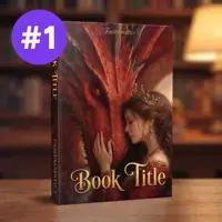 3D book cover mockup with the placeholder text "Book Title". The illustration features a young woman with a crown leaning gently against the snout of a massive, detailed red dragon.