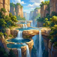 Vibrant tropical canyon with tiered turquoise pools and waterfalls surrounded by lush greenery and steep orange cliffs.