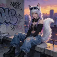 A modern kitsune with lilac hair, cat-ear headphones, and a fluffy white tail sits on a city rooftop. Graffiti-covered walls and a hazy sunset skyline behind her blend mythical spirit elements with a contemporary urban lifestyle.