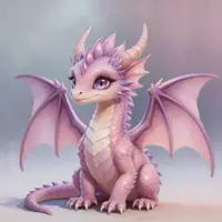 A small, violet-scaled dragon with wide, leathery wings perches curiously. The lighting is soft and ethereal, emphasizing the vibrant pastel palette and the intricate details of its tiny claws and shimmering underbelly.