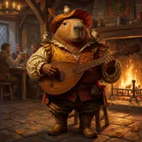 A stout anthropomorphic capybara in a yellow Renaissance doublet, playing a lute in a cozy, dim tavern.