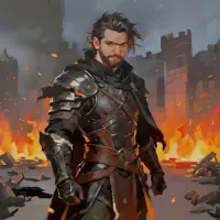 Dark fantasy knight in brown leather battle armor, rugged bearded warrior with burning fortress background, epic fantasy character art
