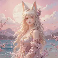 A delicate fox-girl with pale pink hair and white ears stands amidst cherry blossoms under a full moon. Her ethereal pink dress and the soft-focus landscape of mountains and water create a dreamy, anime-inspired fantasy aesthetic.