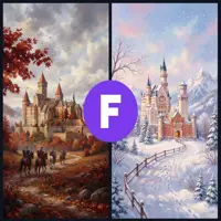 A split view showing two fantasy castles. The left side features a castle surrounded by vibrant red autumn leaves, while the right side shows a majestic white castle nestled in a serene, snow-covered winter forest.