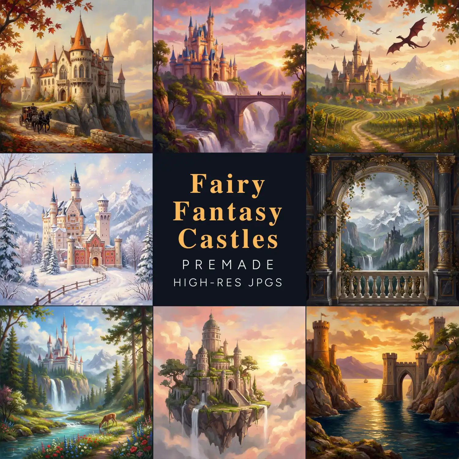 A collection of 12 fairy fantasy castle digital art pieces in a grid layout. The images show diverse magical landscapes including floating citadels, snowy fortresses, and cliffside towers at sunset. Central text reads "Fairy Fantasy Castles Art Pack."