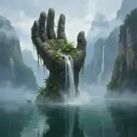 Surrealist landscape of a giant stone hand rising from a misty lake, holding a lush island with cascading waterfalls.