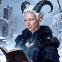 A pale-skinned tiefling woman with large black horns, dressed in a thick navy blue coat with a black fur collar. She is focused on reading an ancient book while standing in a snowy ruins environment, suggesting a quest for lost knowledge in the frozen north.