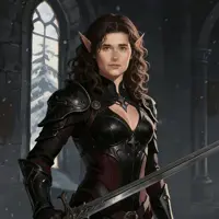 Medieval fantasy female elf warrior concept art, dark-haired elf woman in black leather armor with pointed ears wielding sword, gothic castle winter background, RPG character design elf ranger