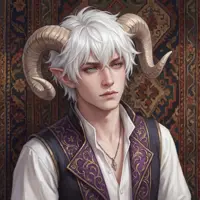 A portrait of a young man with very pale skin, shaggy white hair, and thick, light-colored ram horns. He is wearing a white shirt and a purple vest with gold embroidery against a patterned tapestry background.