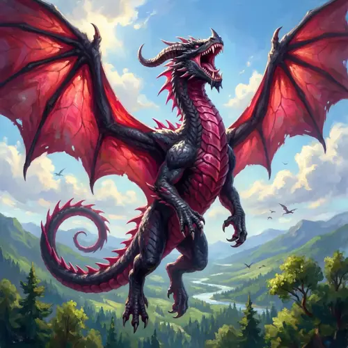 A black dragon with vibrant crimson wing membranes and a red-scaled underbelly soars through a high-fantasy valley. It let out a triumphant roar over a landscape of winding rivers and lush pine forests, rendered in a vibrant, high-contrast painterly style under a bright, clear sky.